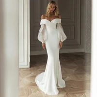 classic scalloped neck long puff sleeves spandex mermaid wedding dress 2022 backless detachable glitter lace top bridal gown