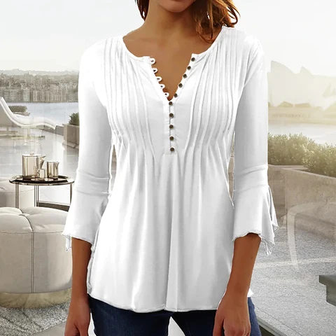Spring New Summer Elegant Shirts for Women 3/4 Sleeve V Neck Buttons Blouse Shirt Ladies Long Sleeve Top Office Shirts Top