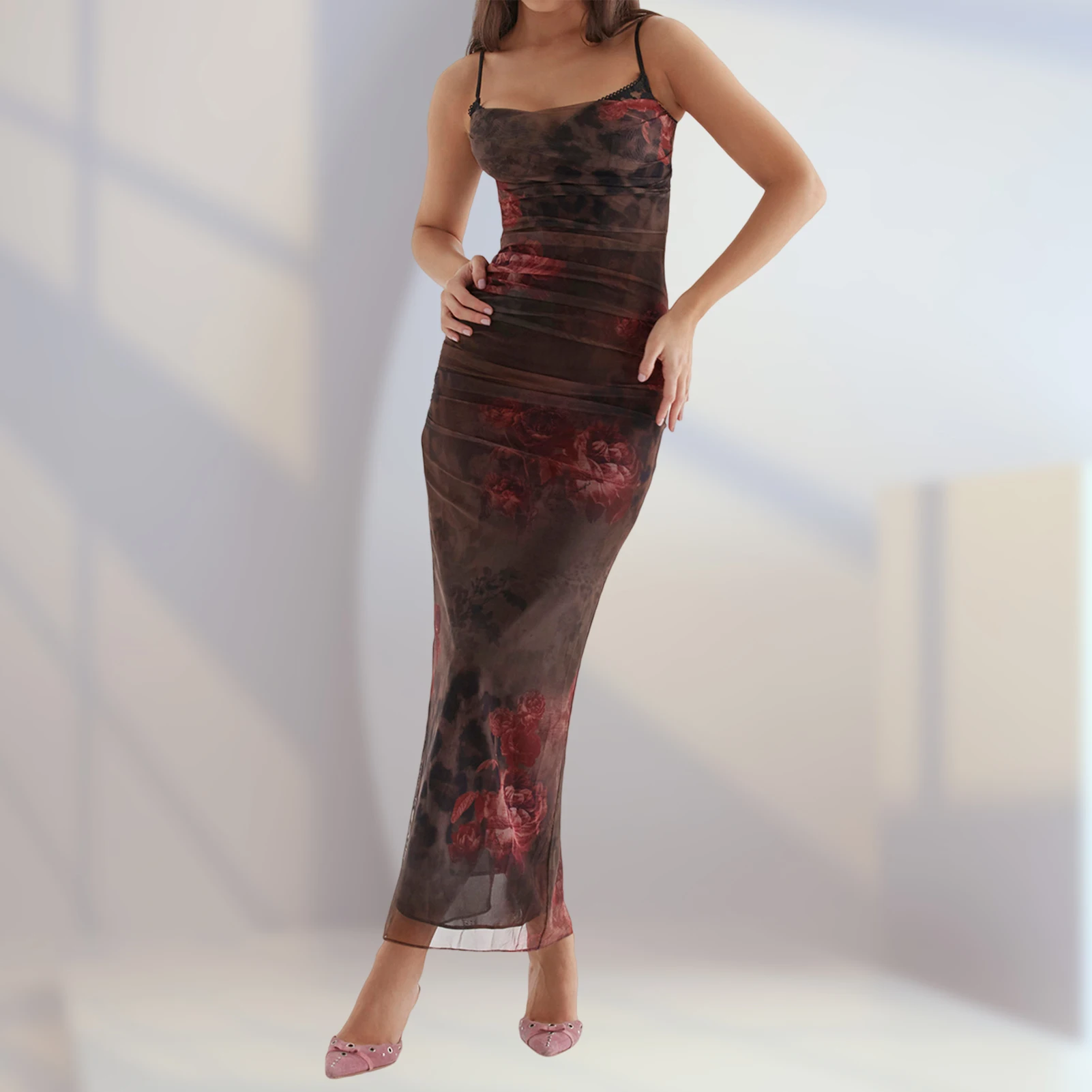 

Женское длинное платье с цветочным принтом Y2k, платье-миди на бретелях-спагетти, макси-платье без рукавов с глубоким вырезом, летняя пляжная одежда, женское платье