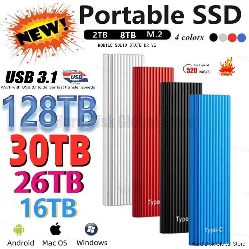 

2023 New Portable External HDD 2TB SSD 2TB 8TB 16TB 128TB HD Externo Hard Disks USB3.1 Storage Decives for Computers Notebook