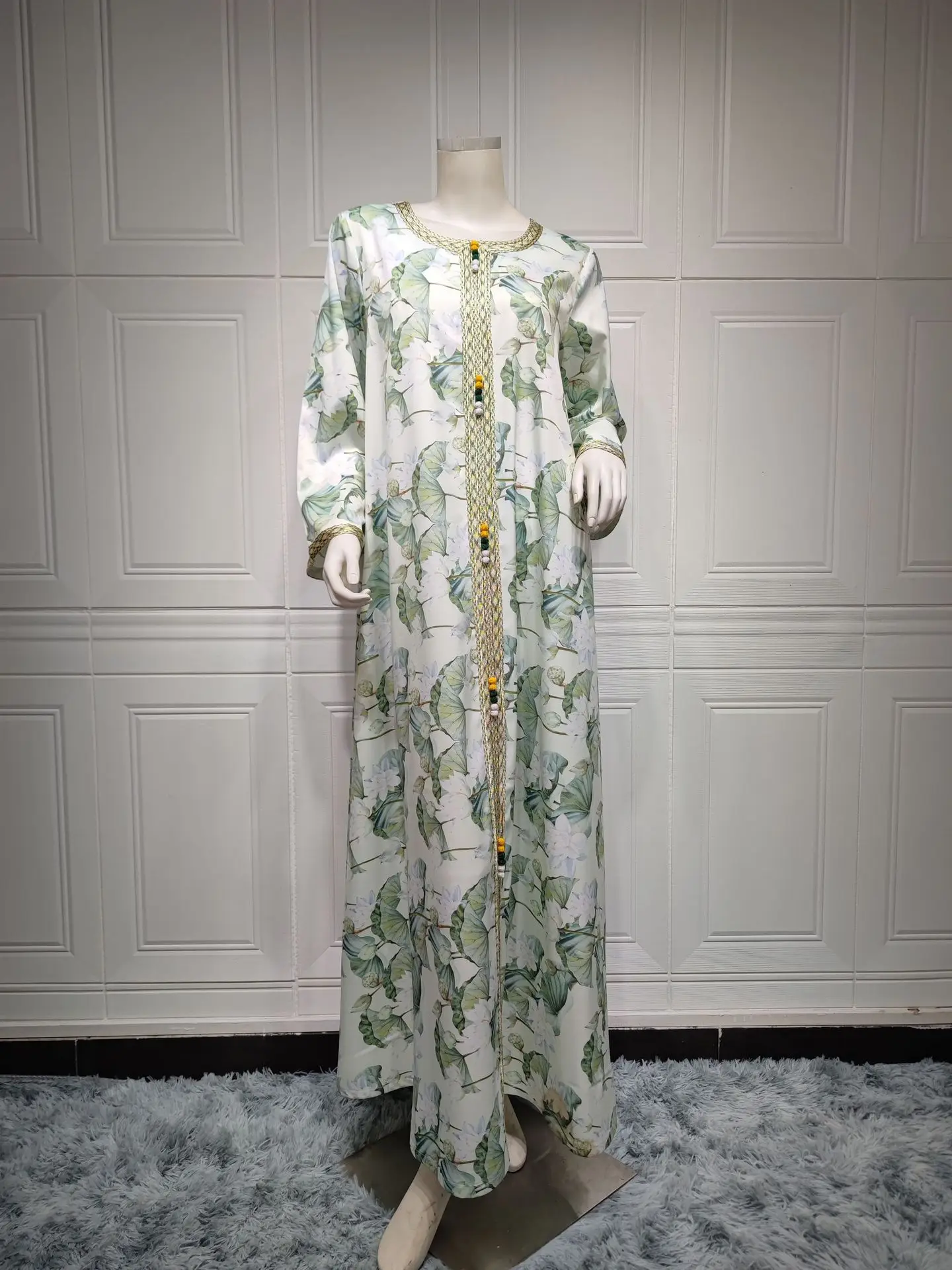Green Printed Muslim Fashion Hijab Dress Jalabiya Arabic Abayas for Women Turkish Dresses Kaftan Abaya Dubai  Islamic Clothing