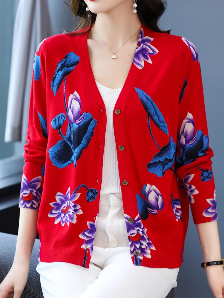 

Женский трикотажный кардиган с цветочным принтом, с V-образным вырезом