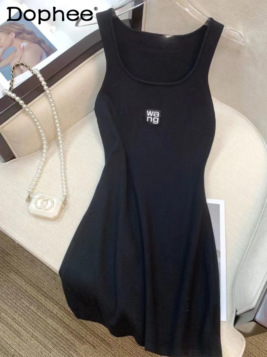 

Elegant Slim Fit Letters Black Knitted Strap Dress Sexy Short Sleeveless Vest Dresses Women 2022 New Summer Autumn Bodycon Dress