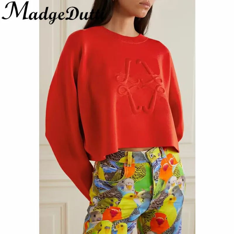 

11.17 MadgeDutti Solid Fashion Embossing Print Loose Pullover Wool Knitted Sweater Women