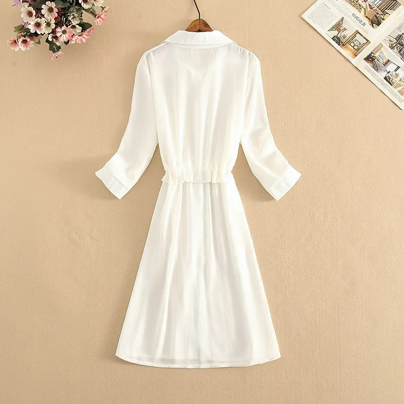 

Women White Black Chiffon Shirt Dress Office Lady Three Quarter Sleeve Midi Spring Summer Ruched Ruffled Long Vestido New