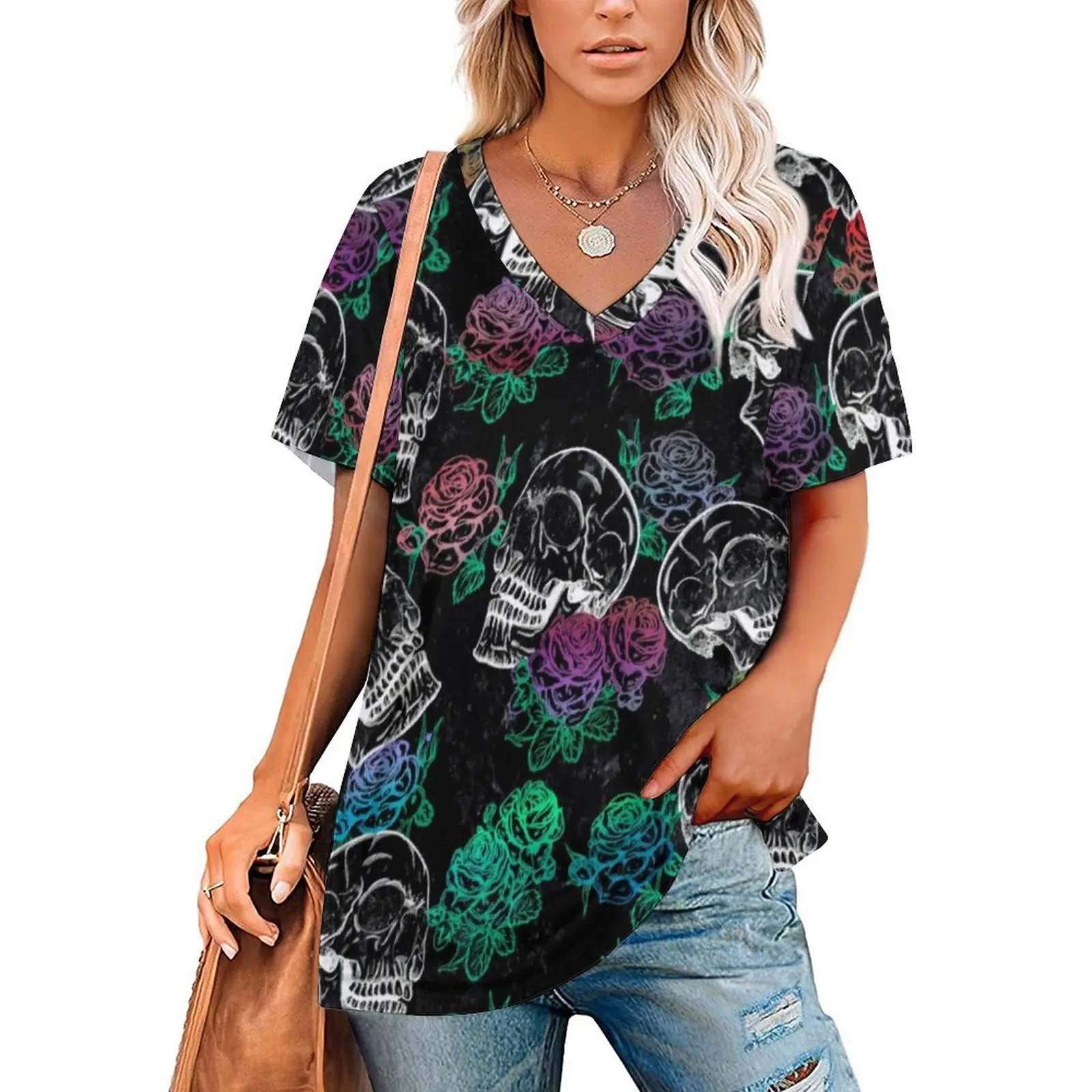 

Floral Sugar Skull T Shirts Ombre Roses Print Girly Pastel Basic V Neck T Shirt Short-Sleeve Oversize Tee Shirt Print Clothes