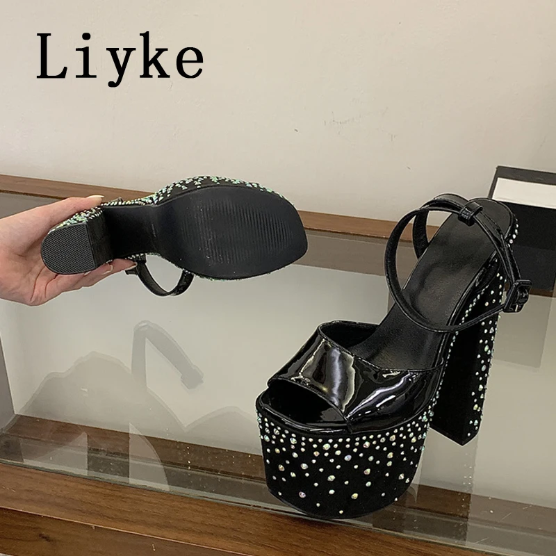 Фото Модные женские босоножки Liyke на толстом каблуке и платформе с кристаллами и стразами, с открытым носком, для свадьбы и банкетов, Zapatos De Mujer №5