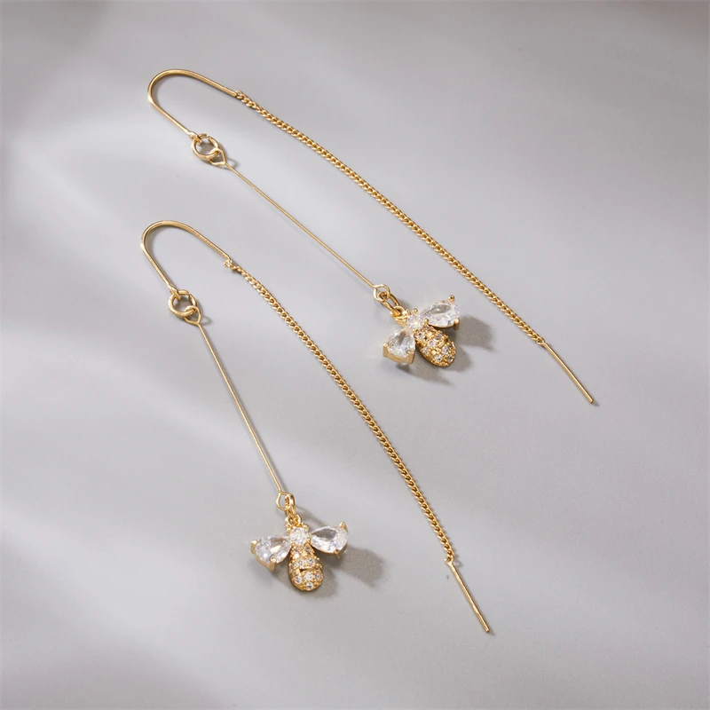 

Luxury Crystal Bee Long Tassel Earring For Women Bridal Rhinestone Drop Dangling Link Chain Earrings Party Wedding Jewelry Gift