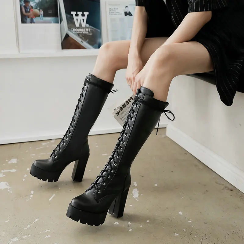 

Spring Autumn Lacing Knee High Boots Women Fashion White Square Heel Long Boots Woman Leather Shoes Winter Large Size 34-43