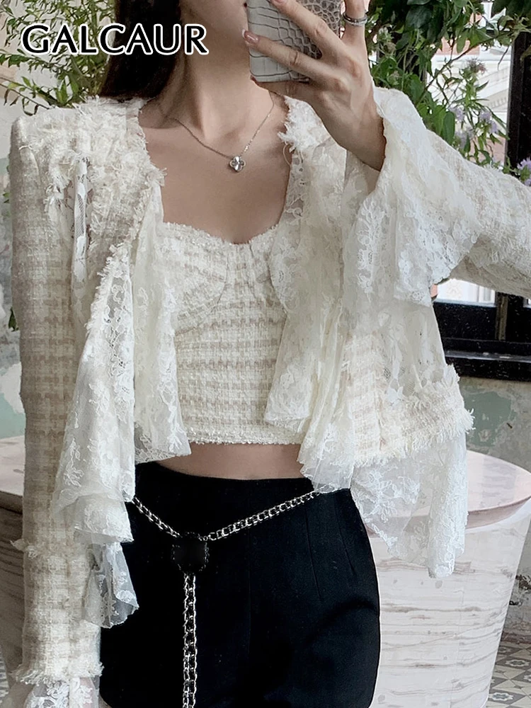 

GALCAUR patchwork lace sweet coat for women round neck long sleeve irregular folds loose coats female spring clothing 2023 new