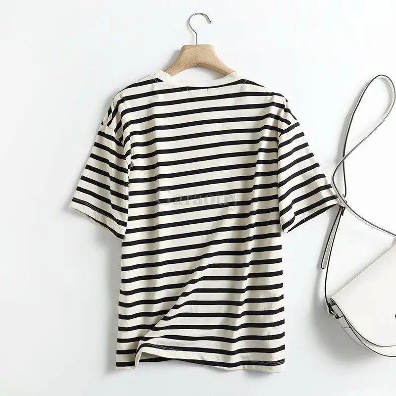

Garaouy-Camiseta de algodón a rayas de alta calidad para Mujer, camisetas de manga corta con cuello redondo, ropa de calle 2022