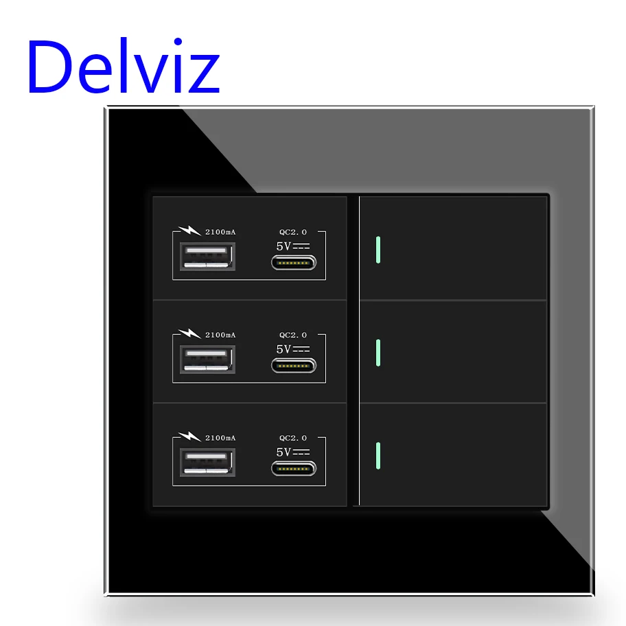 Розетка зарядная Delviz 2 А USB Type C + USB-порт для зарядки управление переключателем