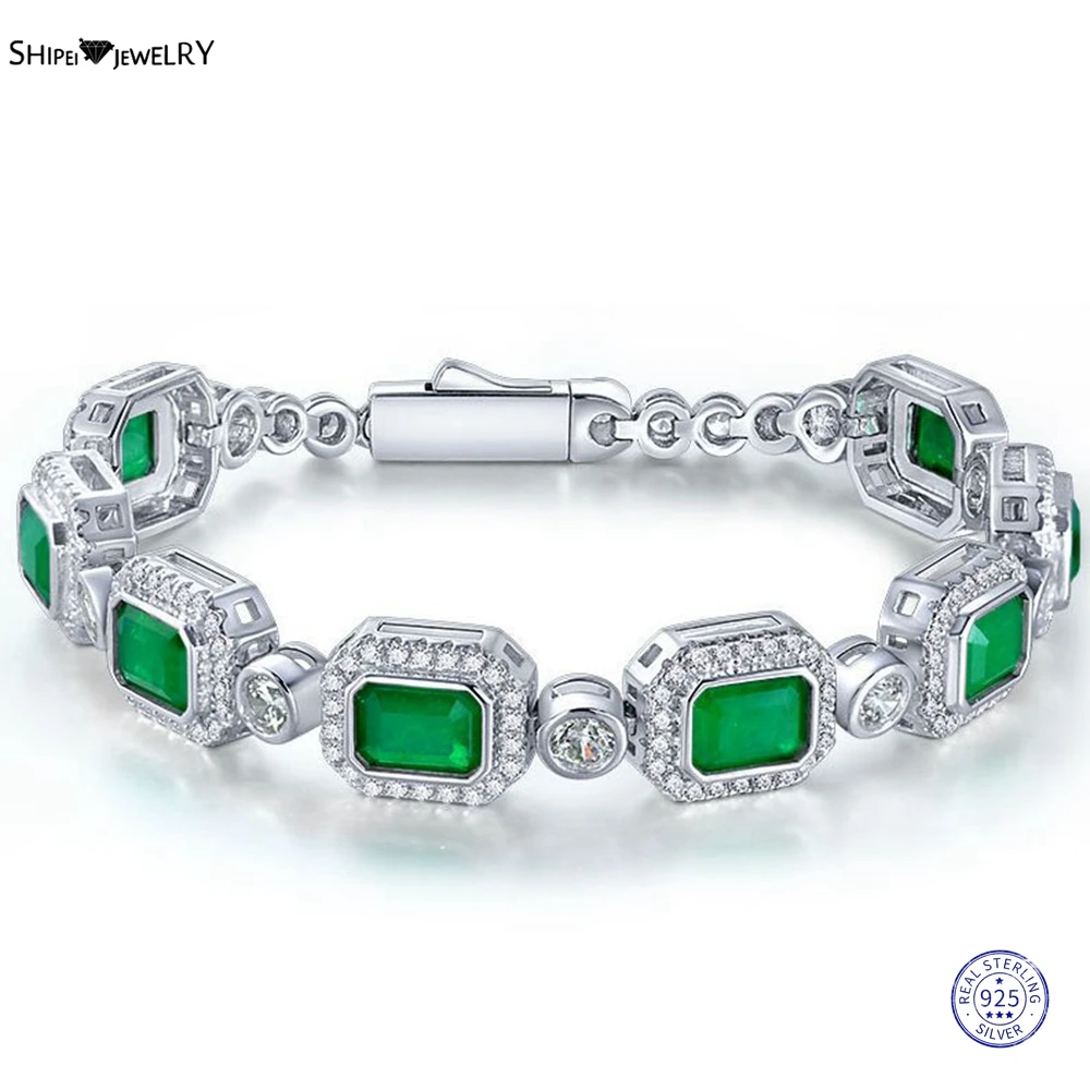 

Shipei Vintage 100% 925 Sterling Silver Created Moissanite Emerald Gemstone Anniversary Women Bracelets Bangle Fine Jewelry Gift