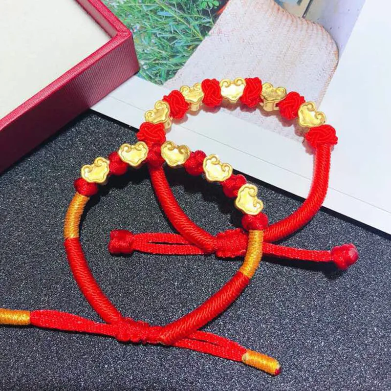 

1PCS Pure 24K Yellow Gold Jewelry Real 24K Yellow Gold Bracelet For Women Ruyi Cloud Lock Pendant Baby Red String Bracelet Gift