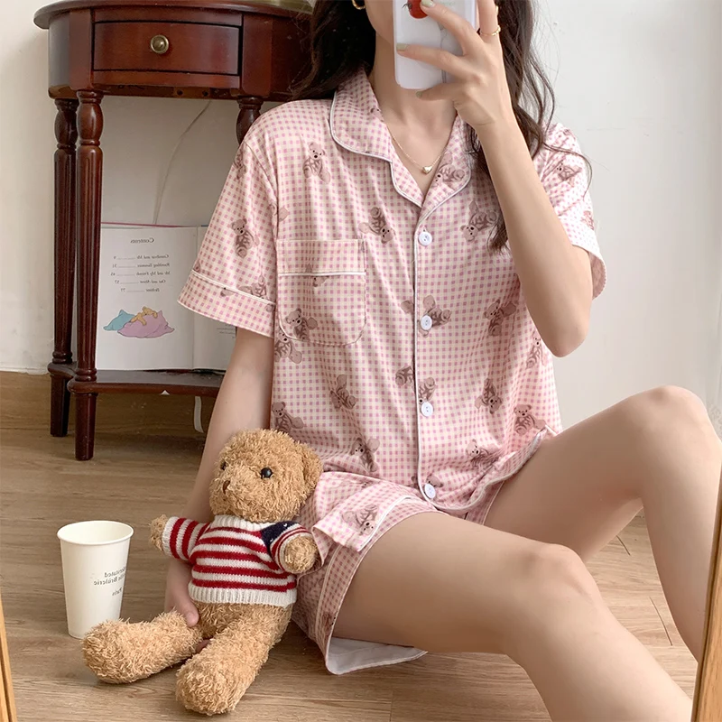 CAIYIER Korean Lovely Bear Pajamas Set Summer Women Kawaii Nightwear Leisure Female Turn-down Collar Short Sleeve Sleepwear Suit