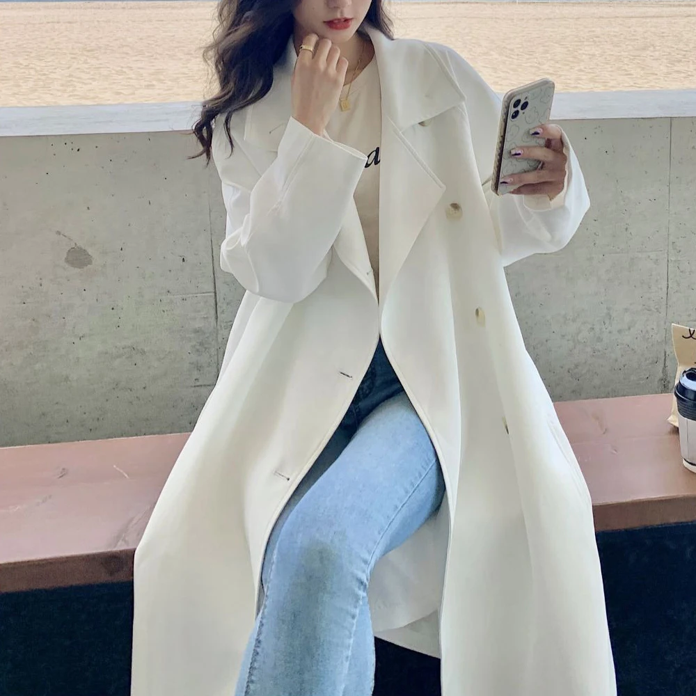 

Women White Trench Coat With Belt Turn Down Collar Drouble Breasted Loose Style Beige Trench Coat Femme Casaco Abrigo Streetwear