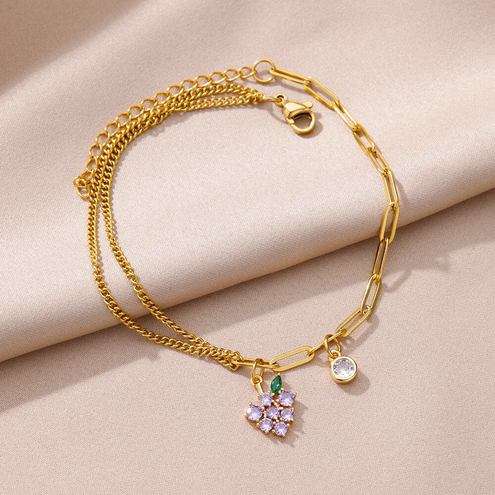 

Zircon Grape Pendant Anklets For Women Gold Color Stainless Steel Fruit Anklet Summer Beach Jewelry Accessories bijoux femme