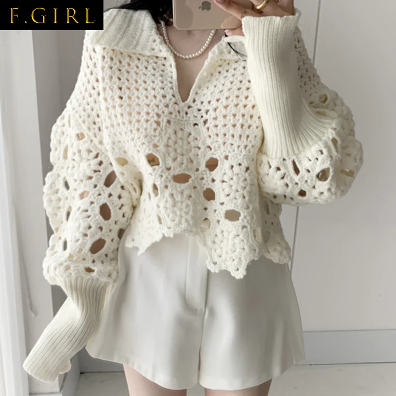 

F GIRLS Gagaok Women Dropshipping Sweater Spring Autumn New Solid Hollow Out Lantern Sleeve Sweaters Loose Chic Korean