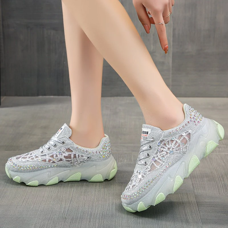 Hollow Out Shiny Crystal Sneakers Women 2022 Spring Breathable Mesh Casual Shoes Woman Thick Bottom Platform Sport Shoes