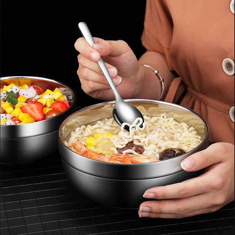

Double Layer Stainless Steel Bowls With Lid Salad Mixing Serving Bowl Korean Style Ramen Noodles Food Storage Containers