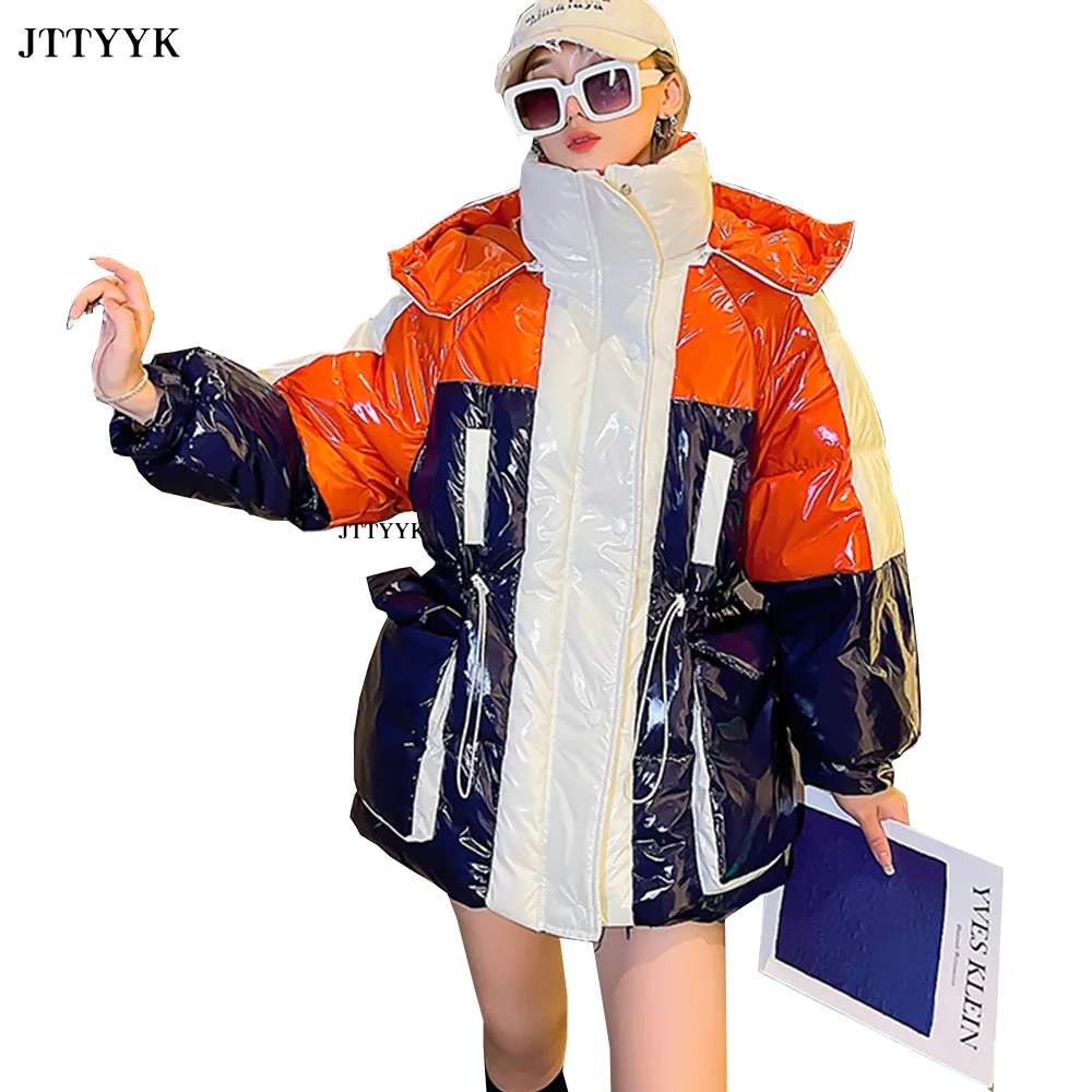 

2022 New Korean Winter Warm Jacket Women Hit Color Shiny Hooded Down Jacket Parkas Short Female Thickened White Duck Down Coat