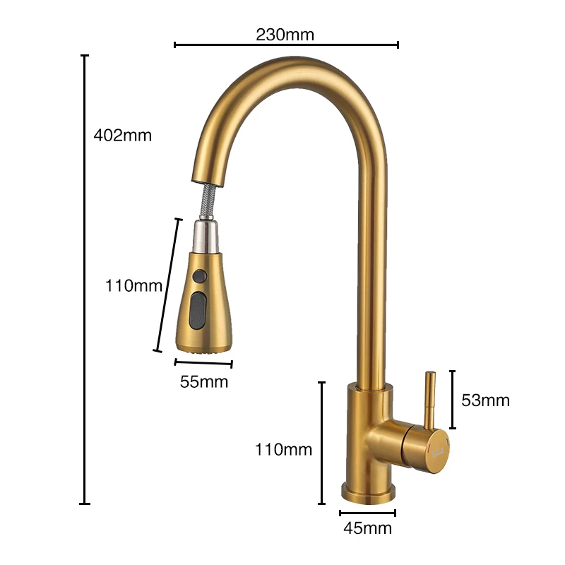 Латунный кухонный смеситель ULA вращающийся на 360 градусов выдвижной для кухни