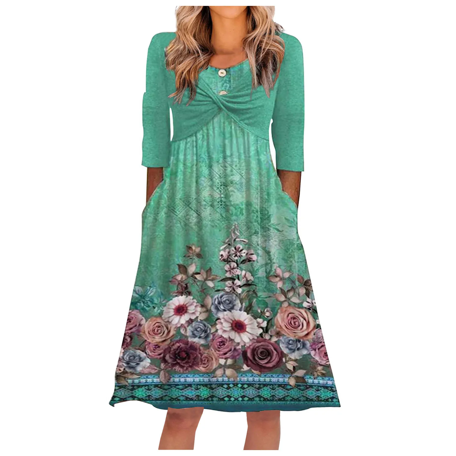 

Женское Повседневное платье с принтом, плиссированная юбка с круглым вырезом и пуговицами, платье миди с рукавом три четверти и большими ка...