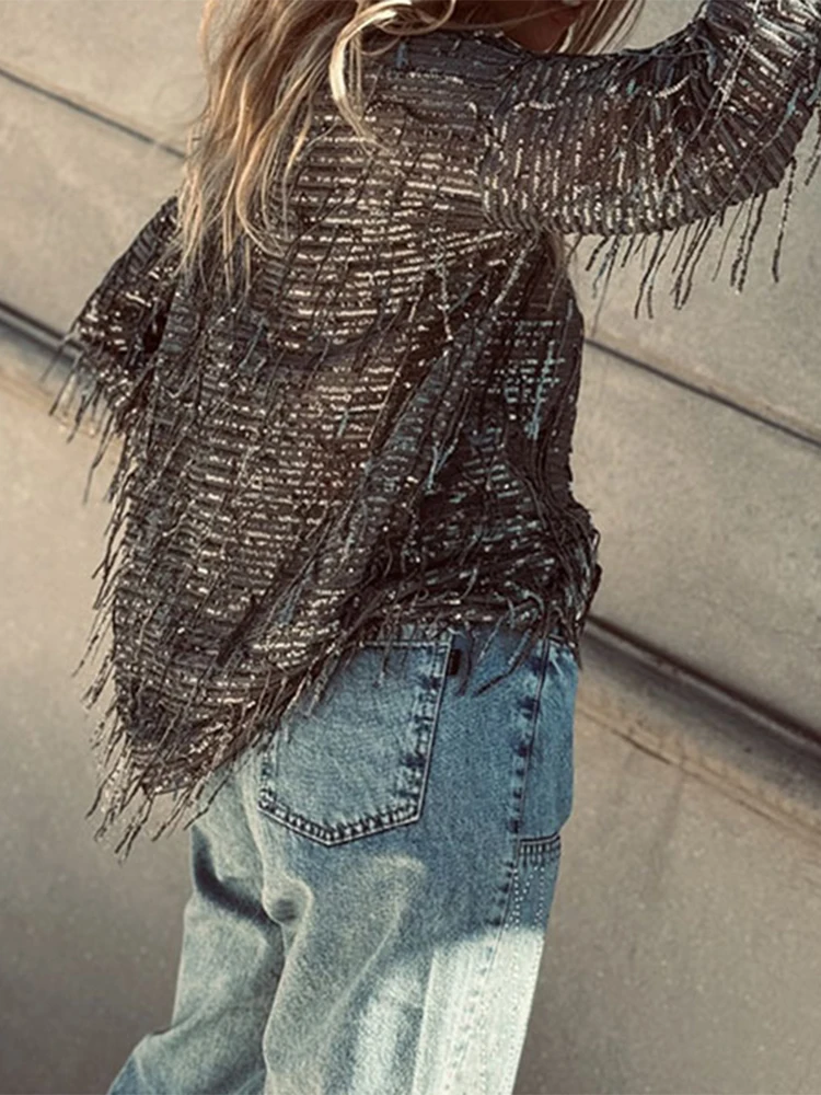 Весенняя элегантная рубашка с бахромой и блестками, Blusa, осенняя женская свободная блузка Casaul, топы, модный пуловер с круглым вырезом и длинными рукавами (art.: 3920d0a4e415e) - 3920d0a4e415e