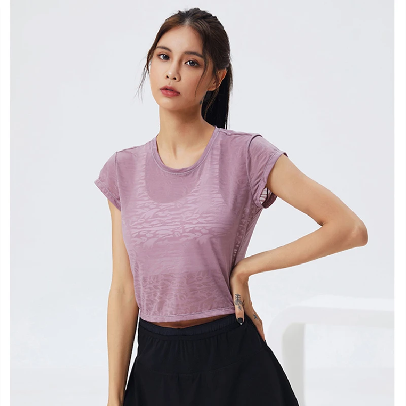 Translucent Cutout Breathable T Shirt Summer New Short Sleeve Loose Run Gym Workout Crop Tops Women Yoga Fitness Sports Shirts