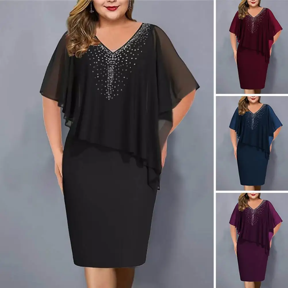 

Lady Banquet Dress Rhinestone Decor Women Sheath Dress Business Reception Women Party Dress