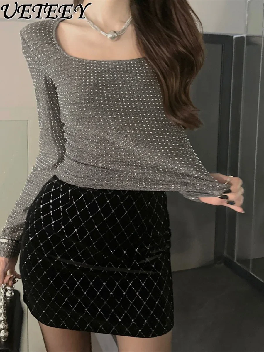 

Heavy Industry Rhinestone Gray Long Sleeve Bottoming Shirt Female New Autumn Elastic Slim Fit Hot Girls Inner Wear T-shirt Top