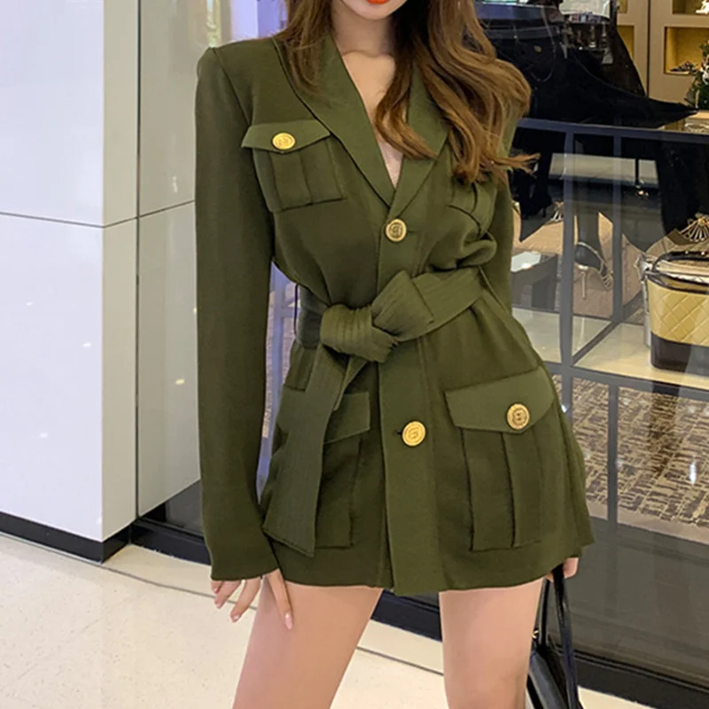 

Women's Green Cargo Dress Belted Pocket Lace Hook Flower Doll Collar Short Sleeve Knitted Dress