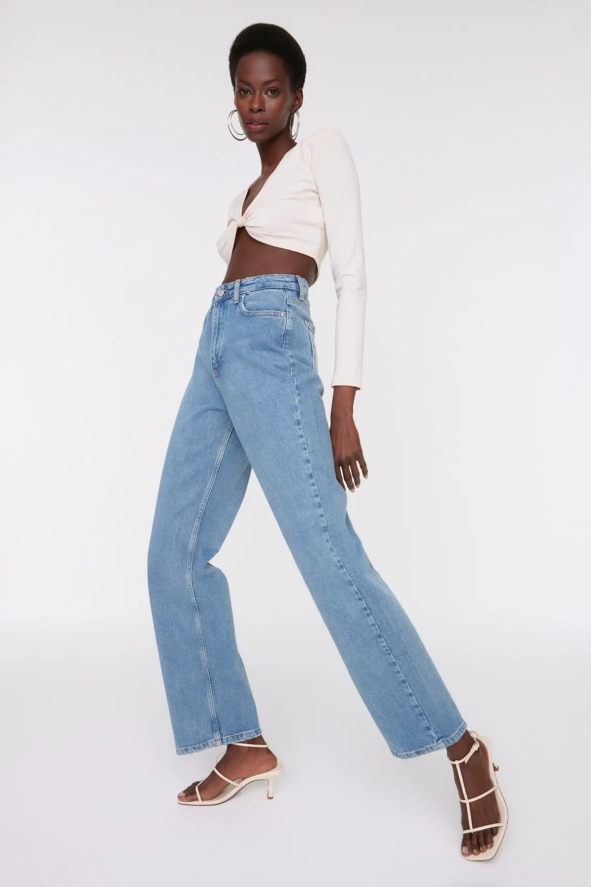 

Women's Jean Light Blue High Waist Comfort & S Wide Leg Straight Pant Jeans Buttons Zipper Ladies