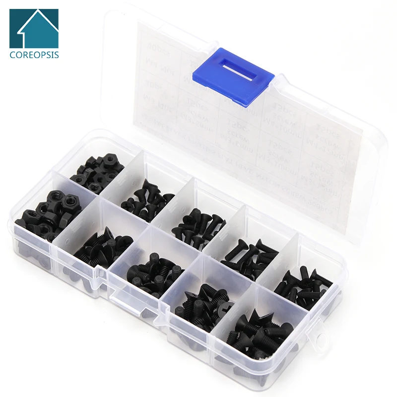 

M3 M4 Nylon Countersunk Head Phillips Screw Bolts Hex Nuts Set Small Size Plastic Screws Assortment Kit Length 6mm-12mm 200PCS