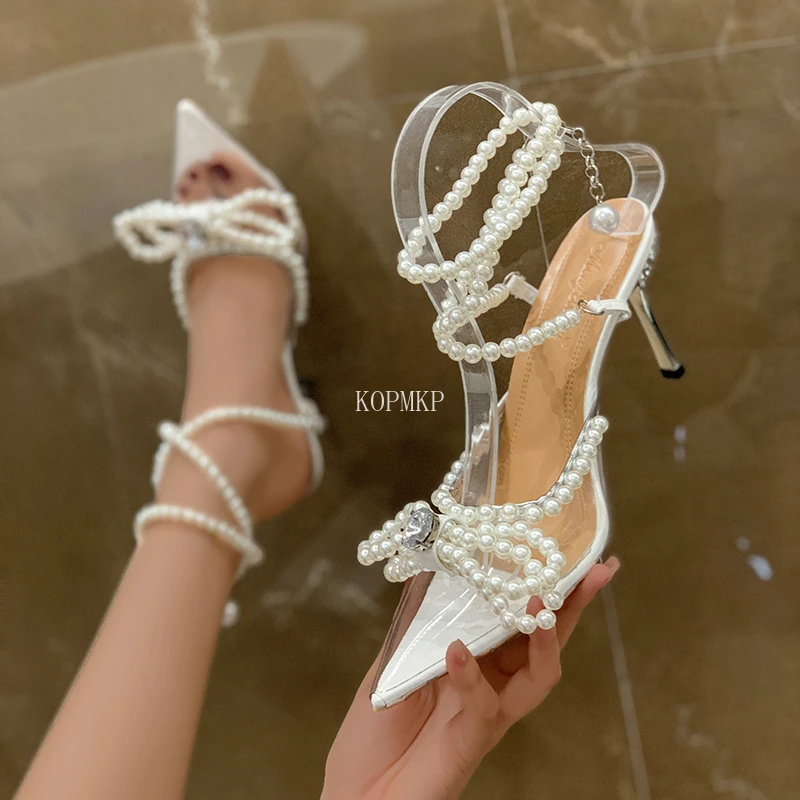 

Sexy New Design White String Bead Bowknot High Heels Women Sandals Platform Summer Gladiator Party Dress Lace-up Pumps Shoes 43