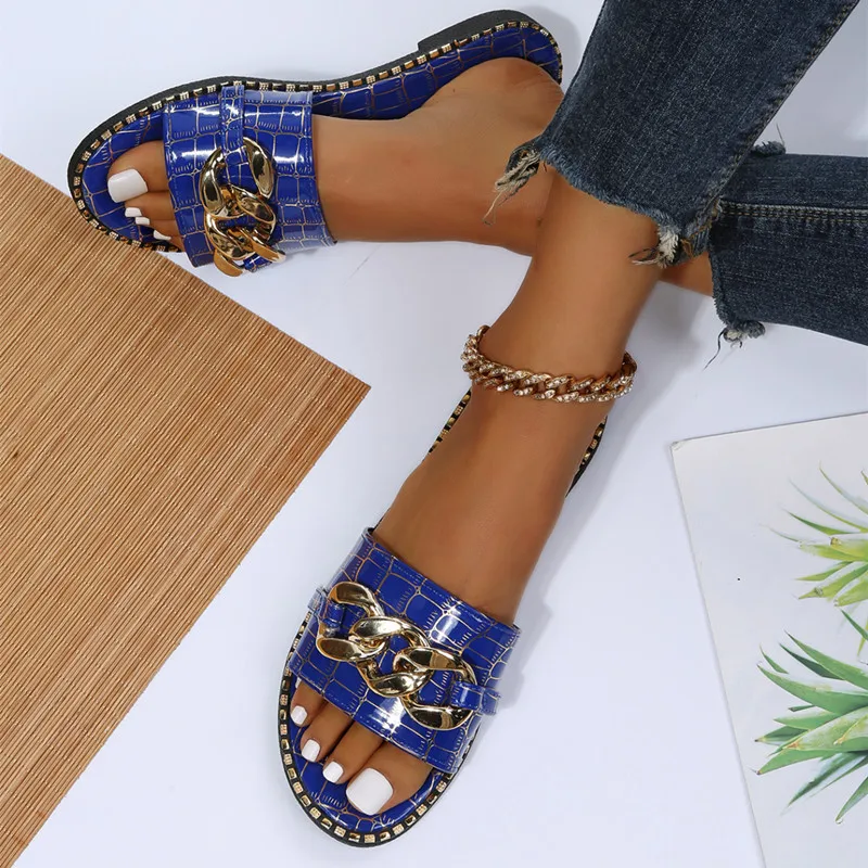 Women's Slippers 2022 Summer Classic Flat Bottom Metal Chain Design Flip Flops Outdoor Leisure Beach Open Toe Roman Flip Flops 6