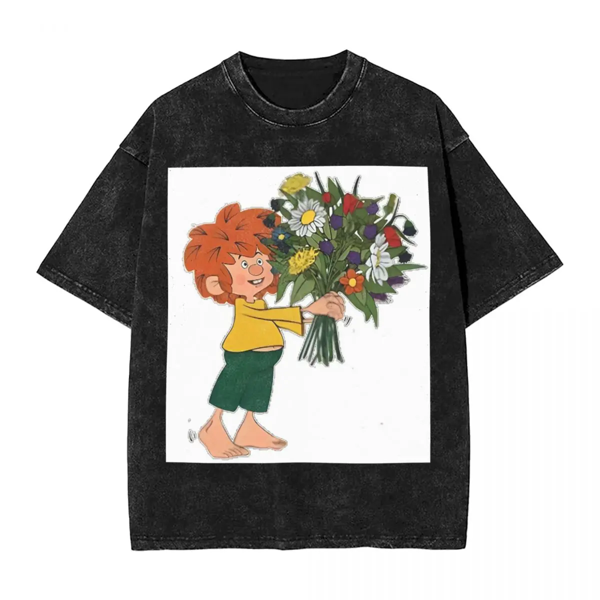 Фото Pumuckl Halt Blumen футболки с короткими рукавами в стиле хип-хоп стираные топы футболки уличная футболка Harajuku для мужчин и женщин №4