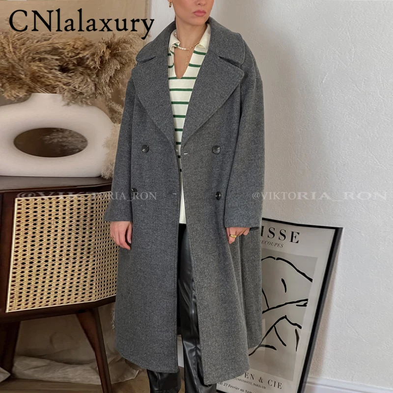 

CNlalaxury Autumn Winter Women Grey Double Breasted Thick Woolen Coat Casual Long Sleeves Solid Color Outerwear Female Top