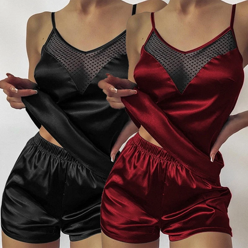 

Пикантный женский пижамный комплект на бретелях-Спагетти из искусственного шелка, летняя Ночная рубашка на бретелях, нижнее белье, ночная с...