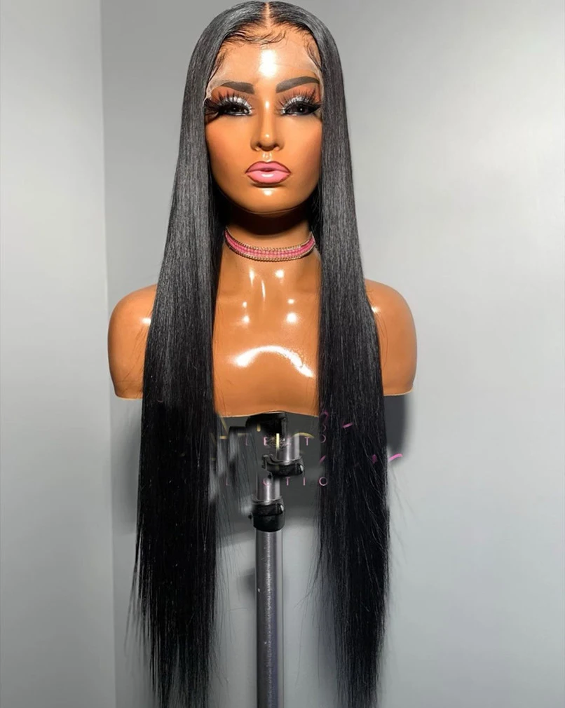 Brasileiro de Seda em Linha Dianteira do Laço para as Mulheres com Cabelo do Bebê Polegada Densidade Natural Preto Pré Arrancado Reta Macio Peruca Perucas Diárias 26 180%