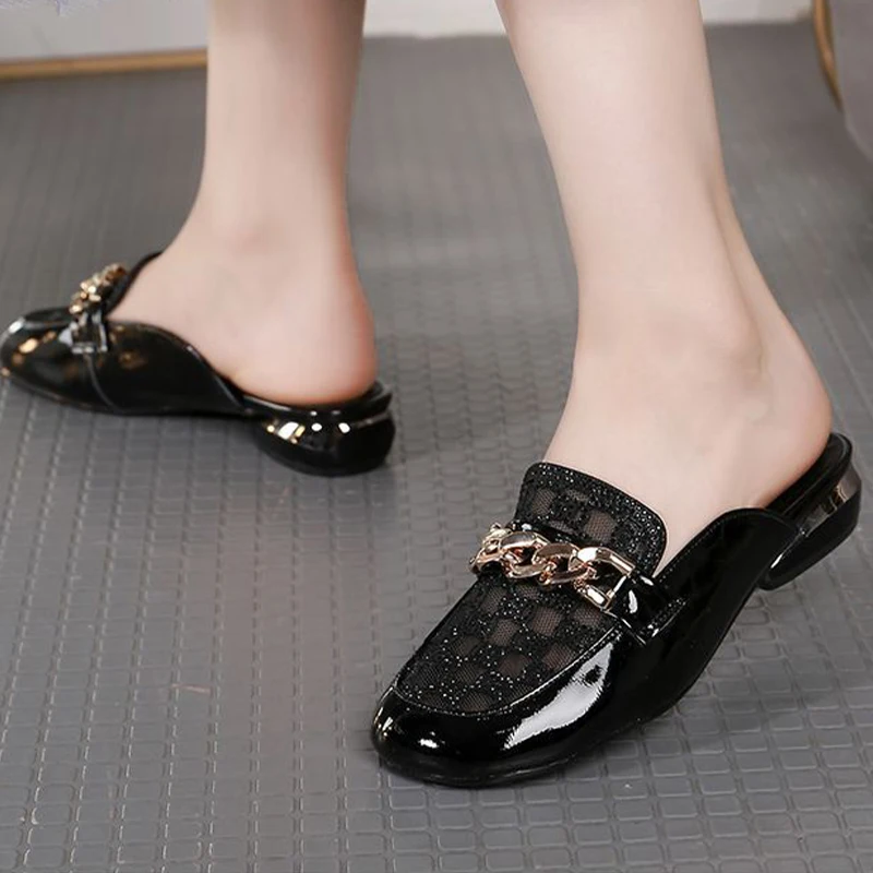 Shackles Decor Rhinestones Summer Slippers Large Sizes Genuine Leather Retro Slides Hollow Wedge Sandals Ladies Outdoor Shoes