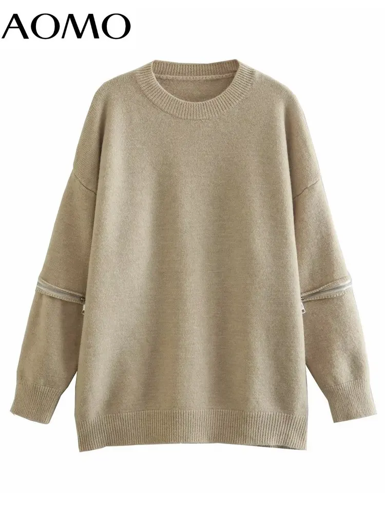 

AOMO 2022 Chic Women Solid Zipper Long Sleeve Sweater Vintage Ladies Knitted Jumper 1F99A