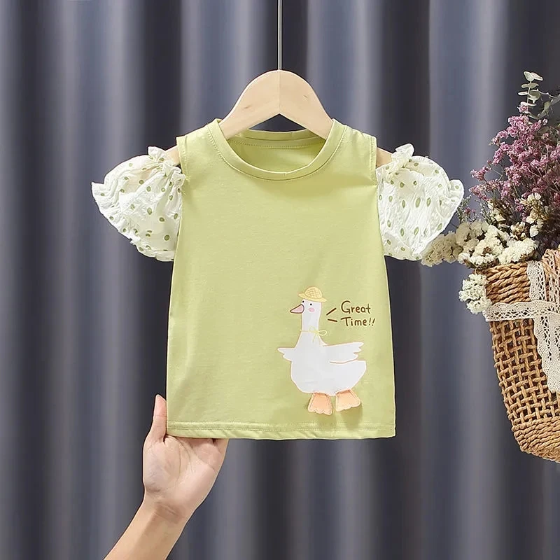 

Girls summer flying sleeve T-shirt children's girls versatile solid new half sleeve children's cotton summer clothes P4 553