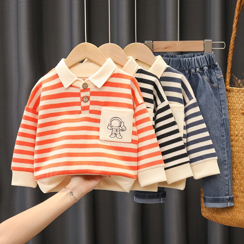 

Children's clothing set, men's striped astronaut pocket, lapel sweater, denim pants, spring and autumn women's fashion two-piece