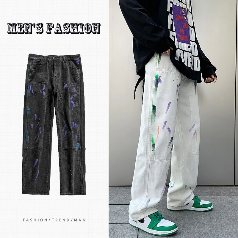 Cotton Graffiti Jeans Men Fashion Retro Baggy Casual Straight Jeans Men Streetwear Loose Hip-hop Denim Pants Mens Trousers M-2XL