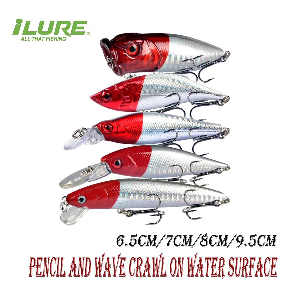 

New 5Pcs Red Head Set Fishing Bait Floating Minnow Popper Vib 8.5g9g10g12g Artificial Full Layer Crankbaits Crap Wobbler Pesca