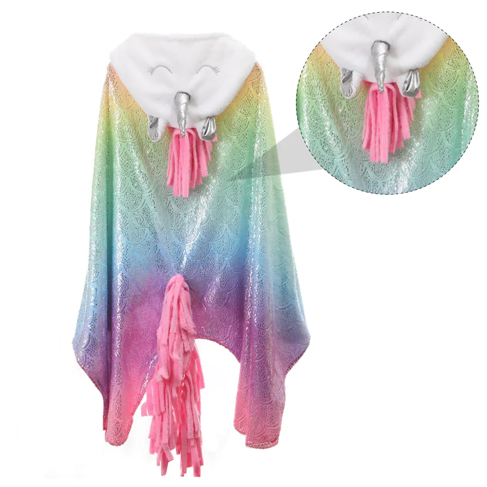 Шаль с единорогом удобная накидка детская праздничная фланелевая теплая