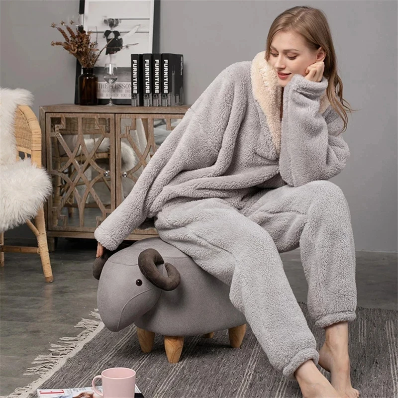 New Pajama Sets Women's Solid Long Sleeve Winter Woman Fluffy Pijama Suit with Pants Thick Warm Fleece Home Clothes for Female