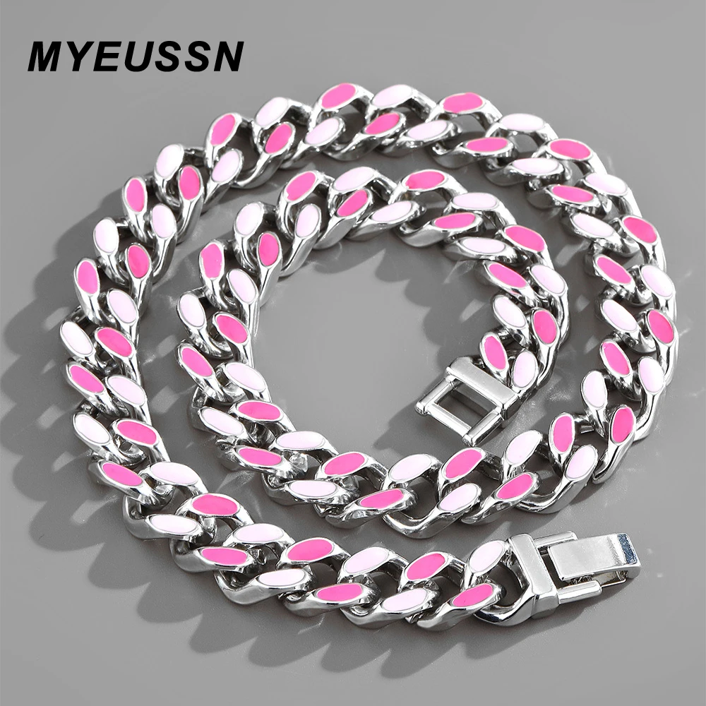 

Miami Pink 13mm Cuban Link Necklace Women Chain Full Bling Punk Bling Bling Charm Hip Hop Silver Color Neck Chain Jewelry Gift