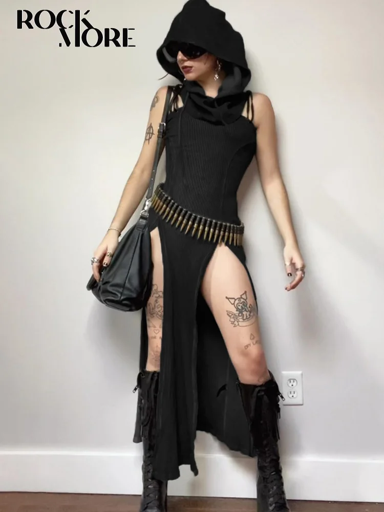 

Rockmore Gothic Hooded Split Dresses Black y2k Grunge Dark Academic Off Shoulder Long Dress Women Backless Sexy Party vestidos